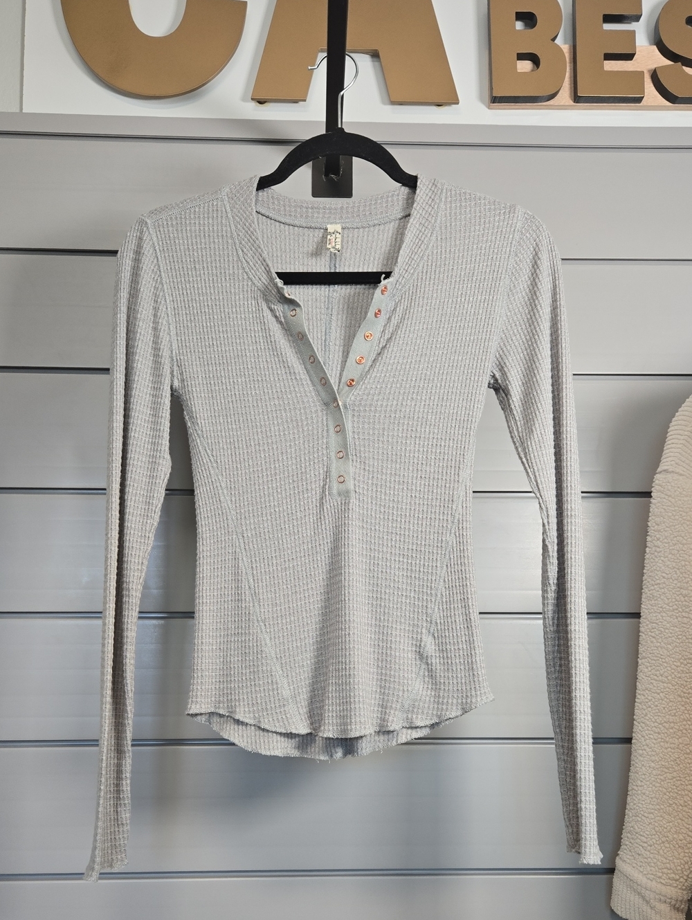 Free People Light Gray Waffle Henley Long Sleeve